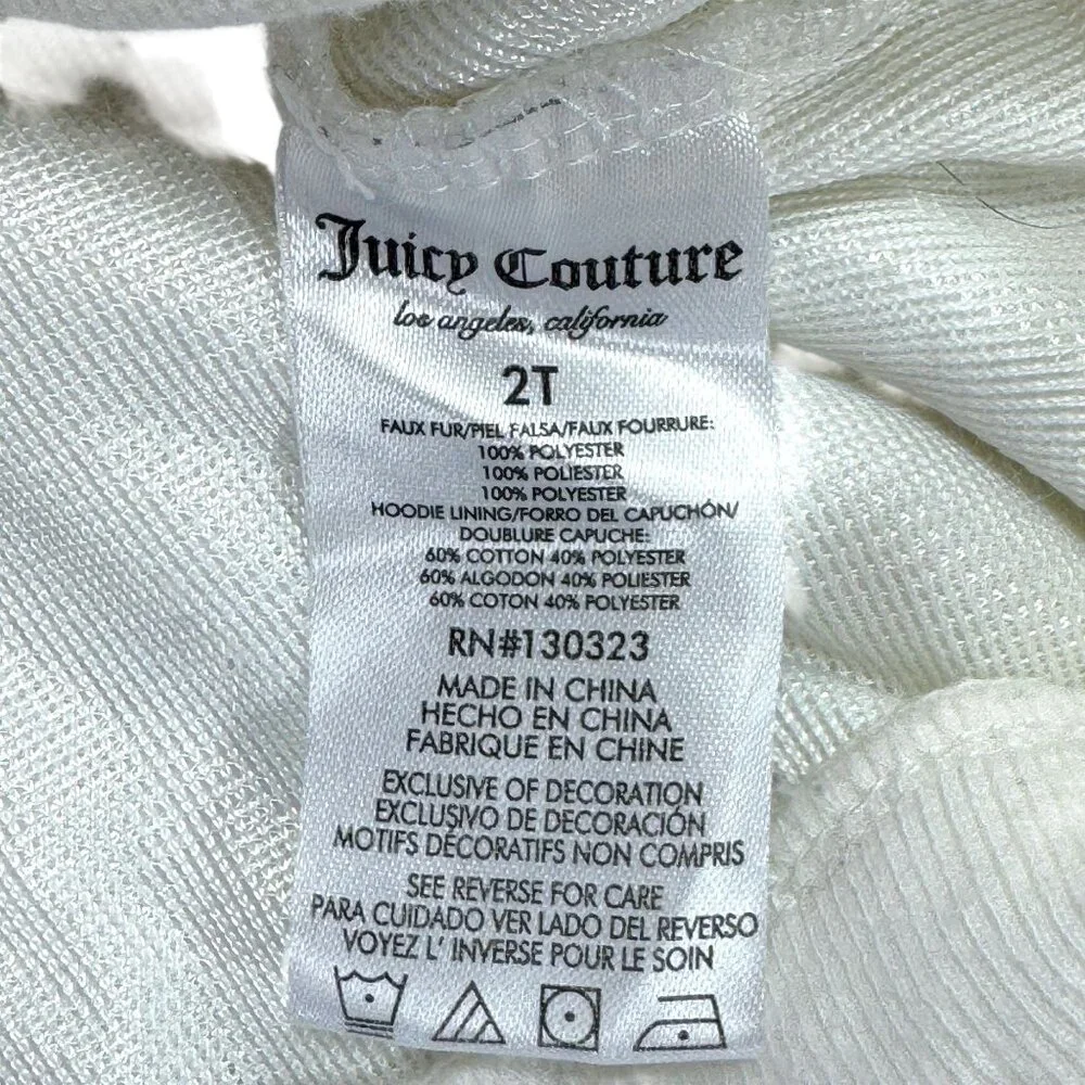 Juicy Couture White Faux Fur Hoodie Toddler Girl 2T Cat Face Kangaroo Pocket‎